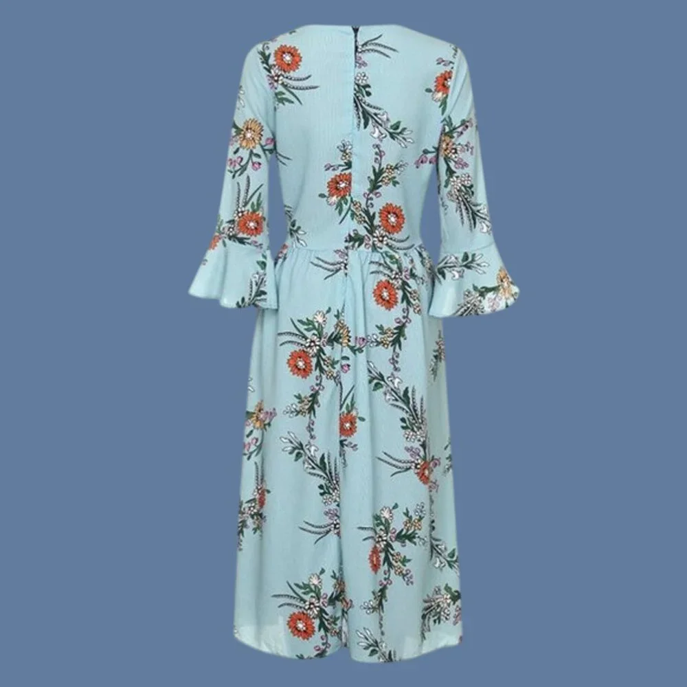 Women's Flounce 3/4 Sleeve Gathered Waist Crew Neck Floral Fit & Flare Dress L - Picture 4 of 6